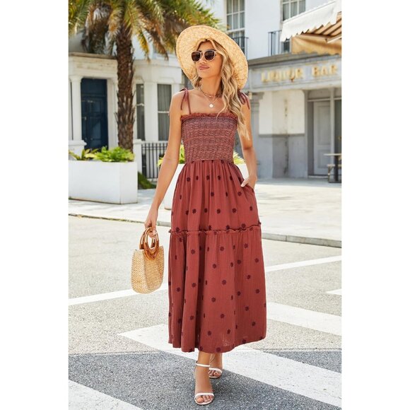 Women Floral Embroidered Maxi Dress Seersucker Smocked Casual Evening - Picture 2 of 6